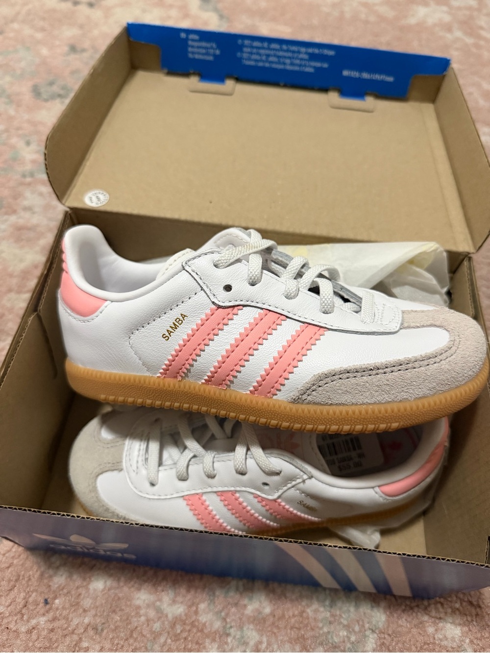 adidas Kids Samba Sneakers in White with Pink Stripes and Gum Sole